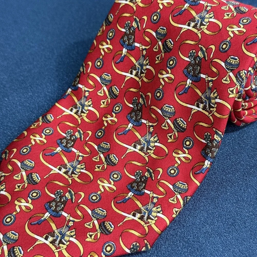 Kieselstein-Cord Silk Tie Red Medieval Musical Instruments Made Italy 4